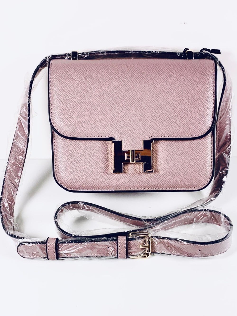 Classic Gold Initial H Closure Box Leather Crossbody Shoulder Bag Lilac Purple